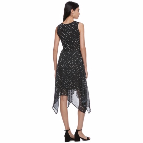 ELLE Dress Polka Dot Asymmetrical Sleeveless Chiffon Black & White Medium - Picture 2 of 5